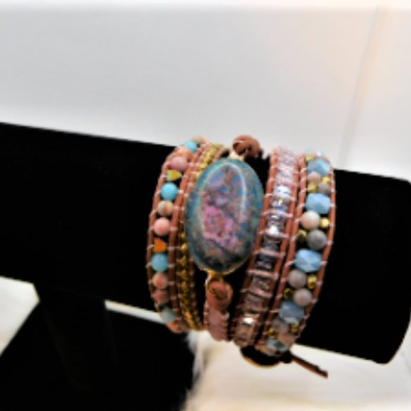 Unique Handmade Wrap Bracelet with , JasperTurquoise & Amazonite Natural Stones - Picture 4 of 10